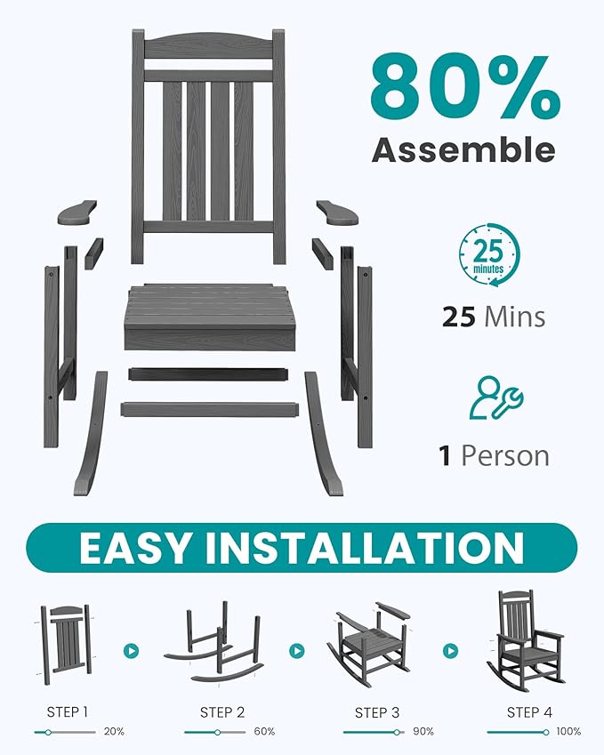 SERWALL Outdoor Rocking Chair, HDPE Patio Rocking Chair All-Weather Porch Rocker for Balcony, Yard, Gray