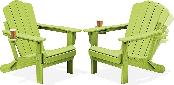 KINGYES Adjustable Folding Adirondack Chair Set of 2, 3-Position Reclining Adirondack Chairs with Cup Holder, HDPE All-Weather Oversized Adirondack for Outdoor, Patio, Deck, Fire Pit, Apple Green