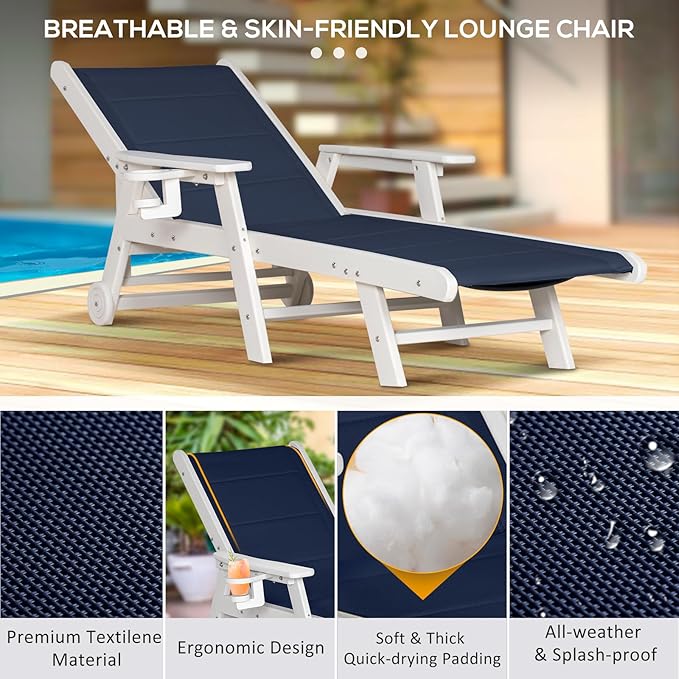 Outdoor Chaise Lounge Chair with Table, 5-Position Adjustable Patio Lounge Chair with Wheels & Cup Holder, HDPE Pool Lounge Chair for Outside, Poolside & Beach (Dark Blue+White)