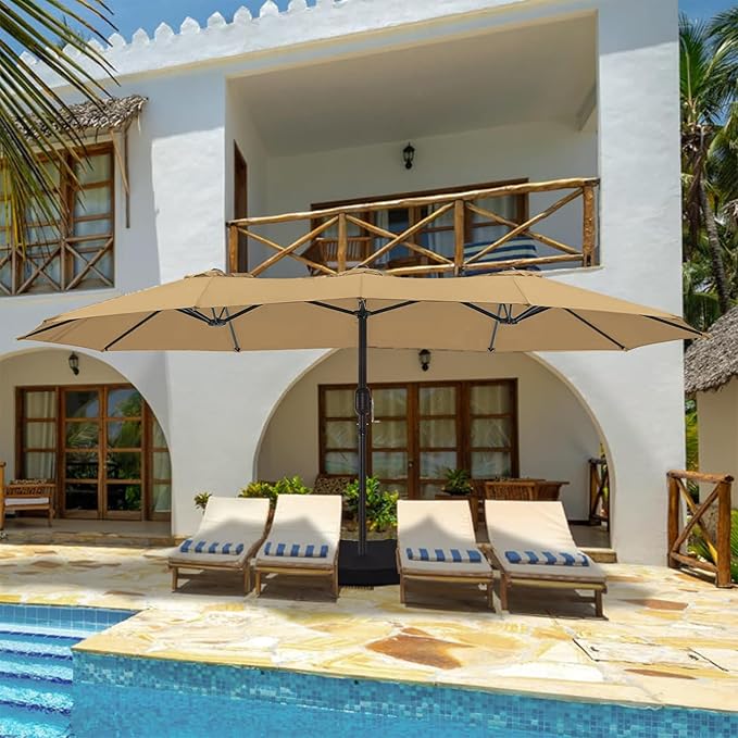 wikiwiki 15ft Large Patio Umbrellas with Base Included, Outdoor Double-Sided Umbrella with Crank Handle, Powerful UV Protective, for Pool Lawn Garden, Tan