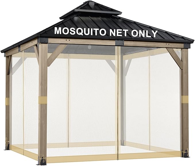 BPS 10' x 10' Gazebo Universal Mosquito Netting Screen Replacement, 4-Panel Screen Walls with Double Zippers for Outdoor Patio, Khaki (Mosquito Net Only)