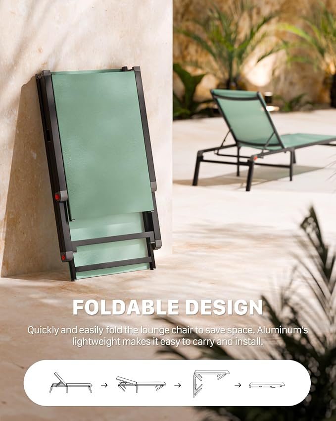 Aluminum Patio Chaise Lounge Chair Set of 2 with Side Table,5-Position Adjustable Backrest,Foldable Lounge Chair Outdoor,Pool Lounge Chairs for Poolside,Lawn,Deck,Beach (Green, 2 Pack+Table)