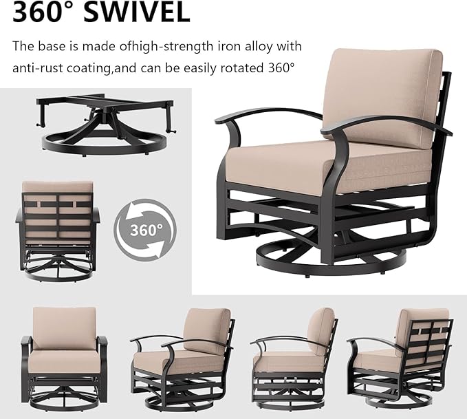 Aluminum Patio Furniture Set with Fire Pit Table, 7 Seats Outdoor Patio Conversation Sets with Swivel Chair Modern Metal Sectional Sofa with Upgrade Cushions for Patio, Backyard - Sand