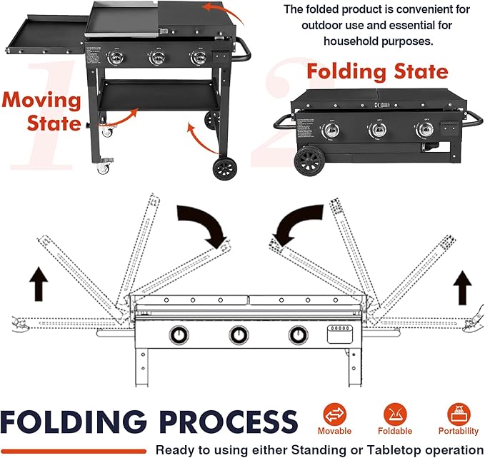 Llamaviva 3 Burner 35" Flat Top Grill with Foldable Shelves 45000 BTU Outdoor Griddle for Propane High-Pressure Systems Portable BBQ Grill