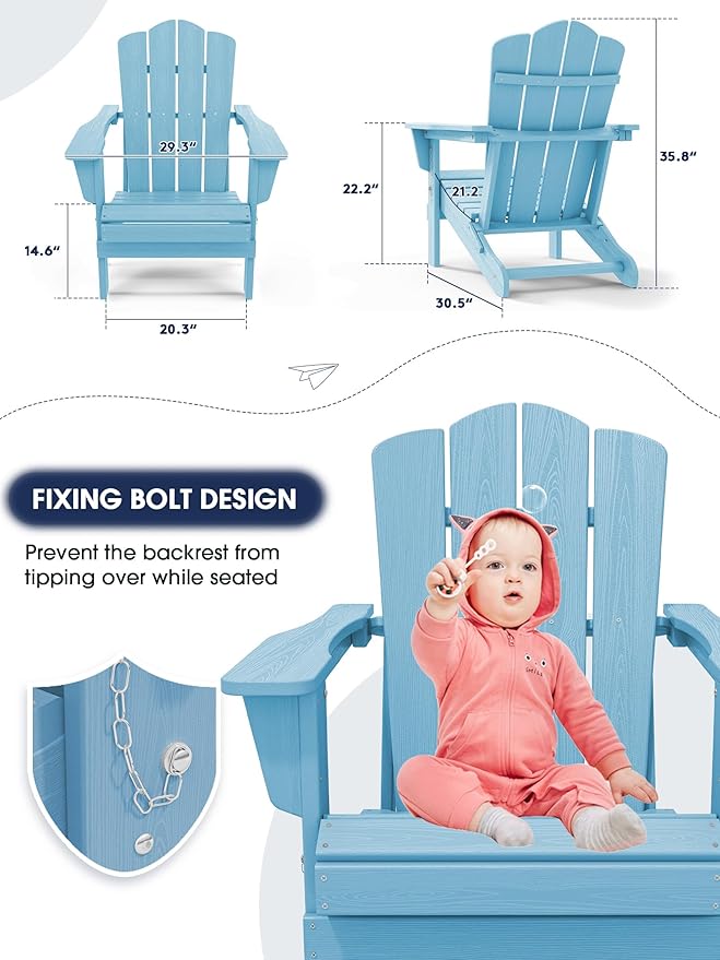 KINGYES Folding Adirondack Chair Set of 6, HDPE All-Weather Folding Adirondack Chair, Light Blue