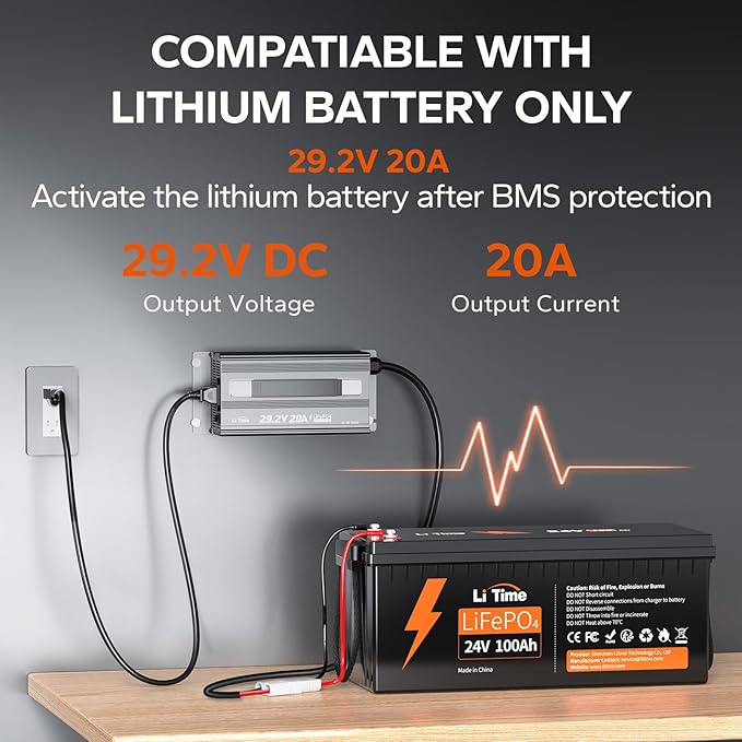 LiTime 24V 20A LiFePO4 Battery Charger, 29.2V Smart Charger with 0V Activation Function, AC-DC Lithium Charger with Anderson Connector & LED Indicator for RVs, Off-Grid, Homes, and Solar Systems