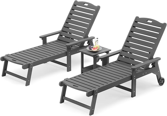 LUE BONA Chaise Lounge Chairs Set with Table, 3-Piece, HDPS Chaise Lounger, 5 Positions Adjustable Lounge Chairs, Pool Lounge Chair with Wheels for Poolside, 3 Year Warranty, Dark Gray