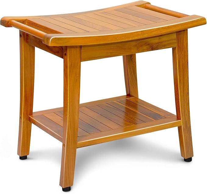 20" Premium Teak Shower Bench with Shelf & Handle, Solid Teak Shower Stool, Durable Waterproof Seat for Inside Shower, Teak Wood Bench for Bathroom, Indoor & Outdoor Use
