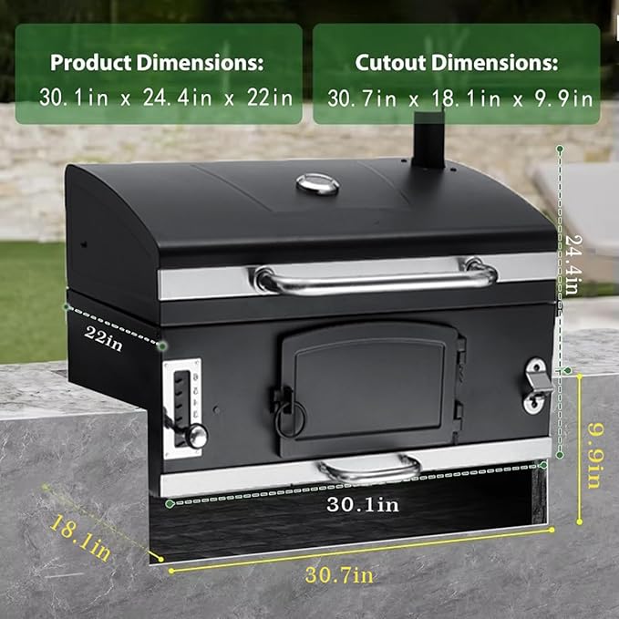 Built-in Barbecue Grills, Large Charcoal BBQ Grills with Liftable Tray, Insulated Hood & Temp Gauge, Black Stainless Steel Charcoal BBQ Barrel Grill for Outdoor Kitchen Camping Park Style