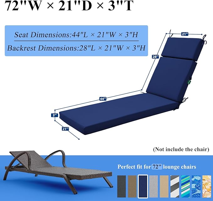 FILUXE Chaise Lounge Cushions Outdoor Furniture, High-Density Foam Chair Cushion with Ties, Weather & Fade Resistant - Patio Recliner Chairs Cushions for Lawn,Pool & Beach 72x21x3 Inch, Royal Blue