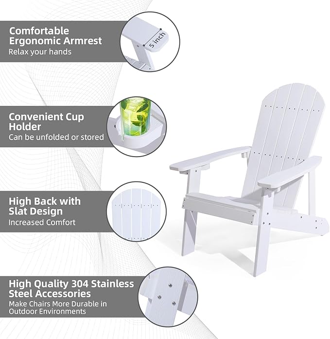 Adirondack Chairs Set of 4, All Weather Resistant Plastic Chairs with Cup Holder, 5 Easy Steps to Install, Outdoor Chairs for Patio, Garden, Backyard Deck, Lawn, Fire Pit - White