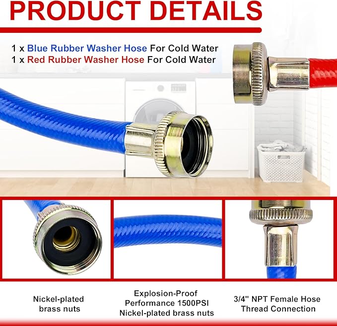 Cenipar 6FT Rubber Washing Machine Hoses Burst Proof 2 Pack For Hot and Cold Water 3/4" NPT Connection Water Supply Lines Fit for ALL Washing Machine
