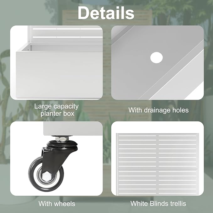 Metal Planter Box with Trellis Privacy Screen, Large Raised Garden Beds with Trellis for Climbing Plants, Flowers, Privacy Planters with Drainage Holes for Patio (47" L, White Blinds)
