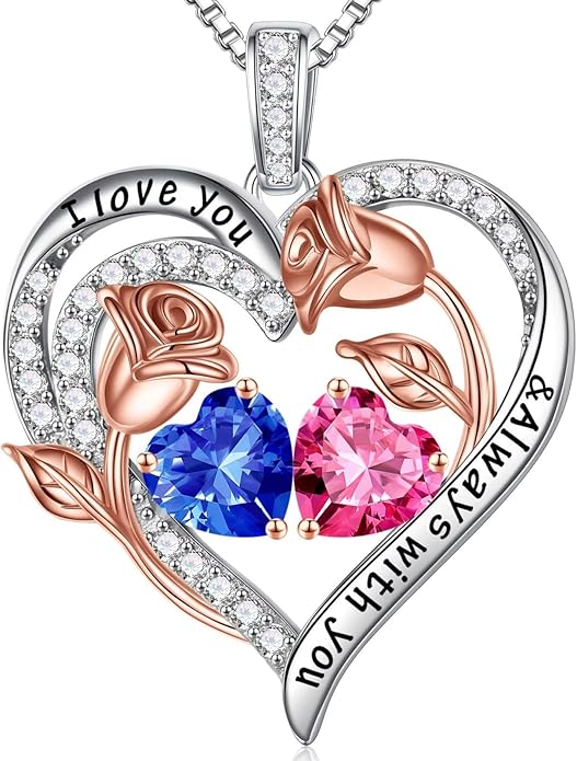 Iefil Christmas Gifts for Women Wife - 925 Sterling Silver Rose Heart Birthstone Necklace Birthday Anniversary Jewelry Gifts for Her Wife Mom Daughter