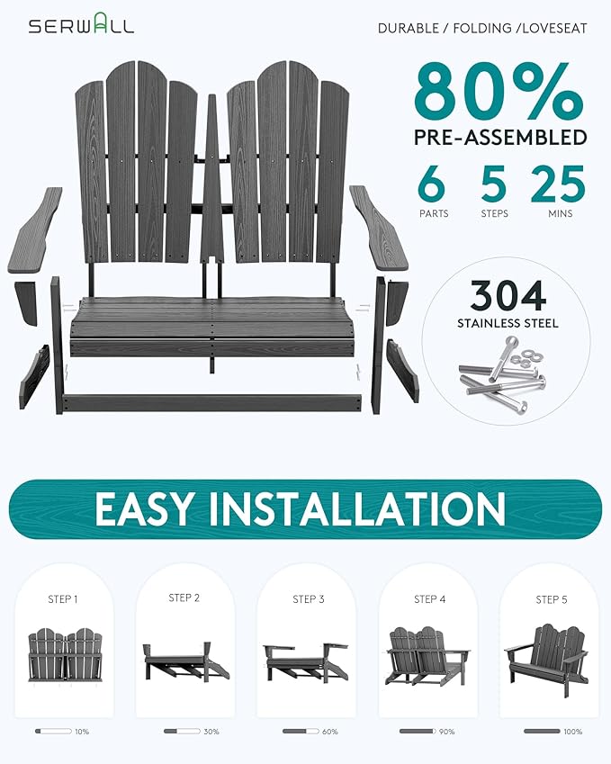 SERWALL 3 Pieces Patio Adirondack Bench Set, 2 Folding Adirondack Bench and 1 Coffee Table Set for Front Porch Garden Balcony Backyard, Grey