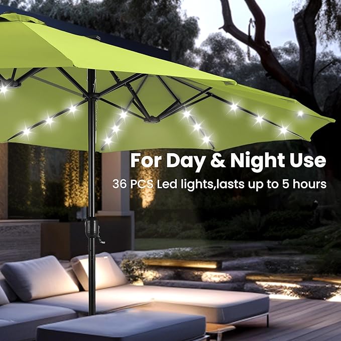 PHI VILLA 15 ft Umbrella Outdoor Patio Solar Lights with Base, Outdoor Double-Sided Large Market Rectangle Umbrellas with 36 LED Lights, Lime Green
