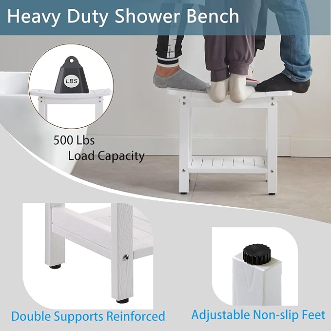 Shower Benches for Inside Shower to sit on，Waterproof Shower Bench,Shower Stool for Inside Shower,heav Duty Shower Chair for Shaving Legs, with Storage Shelf, Adjustable Feet（White）