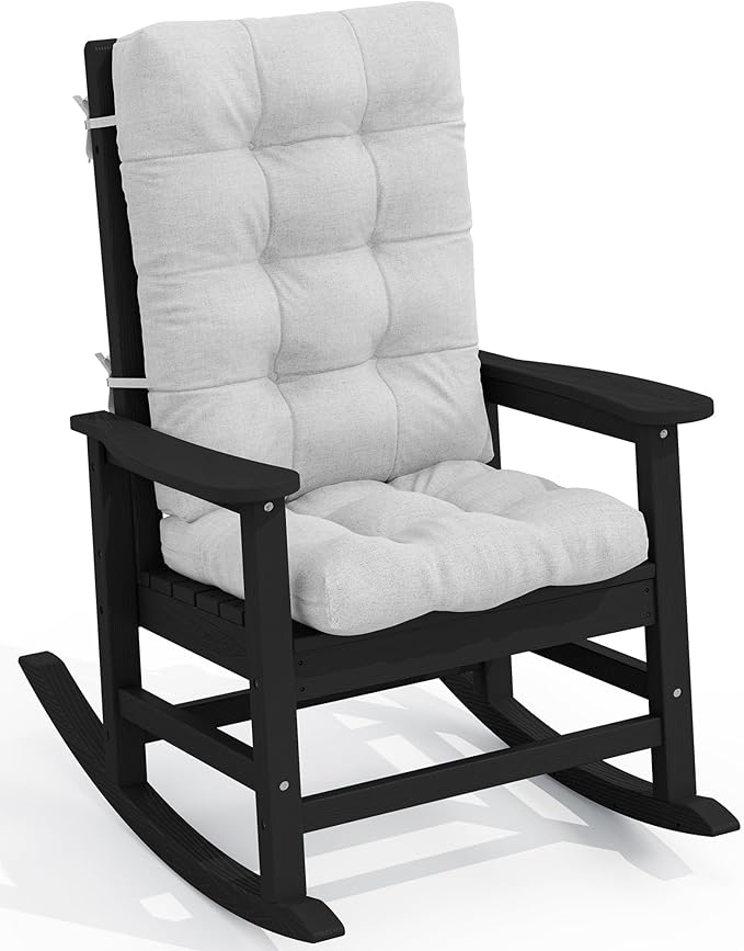 SERWALL Oversized Cushioned Outdoor Rocking Chair, HDPE Rocker with Cushion, Patio Rocking Chairs for Porch, Black Chair+Gray Cushion