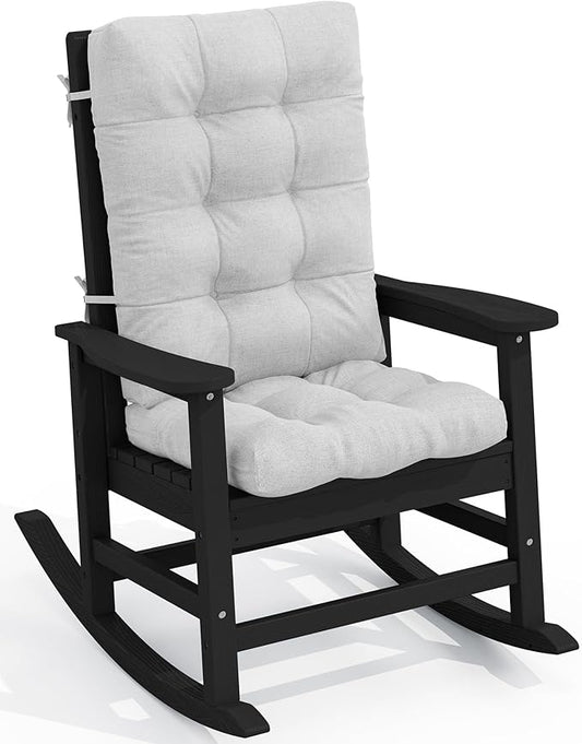 SERWALL Oversized Cushioned Outdoor Rocking Chair, HDPE Rocker with Cushion, Patio Rocking Chairs for Porch, Black Chair+Gray Cushion