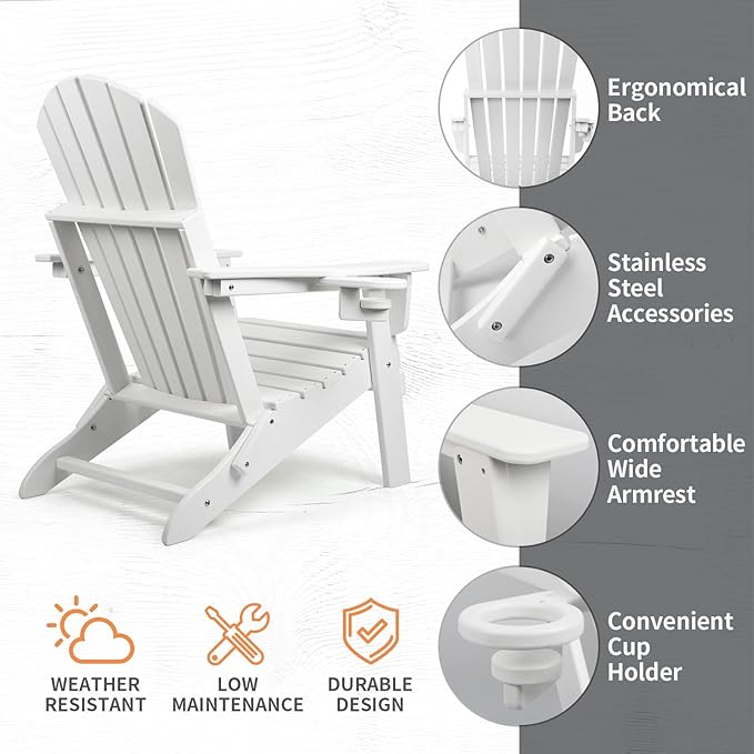 FUNBERRY Folding Adirondack Chair Set of 2, HDPE All Weather Fire Pit Chairs with Cup Holder for Outdoor
