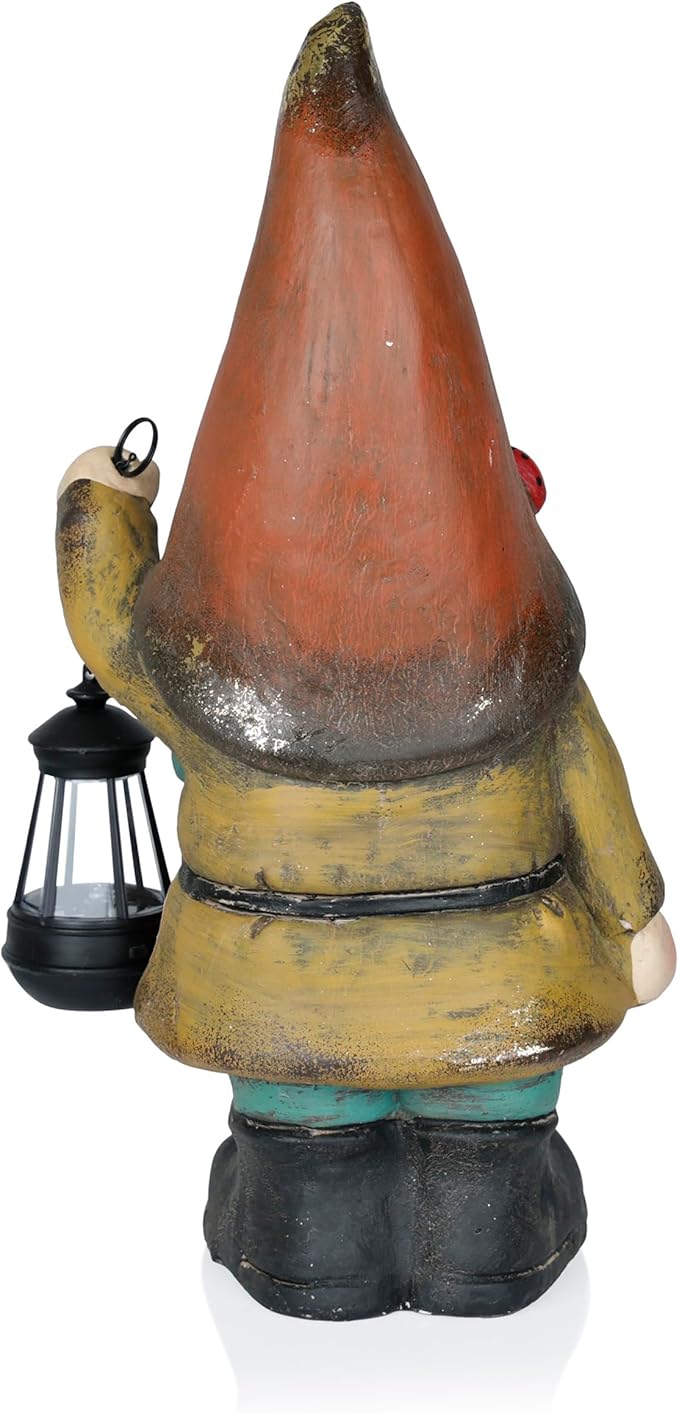 Alpine Corporation MCC856SLR Solar Vintage Gnome Holding Lamp w/Orange Hat, Whimsical Décor for Patio, Lawn & Garden, 20" H