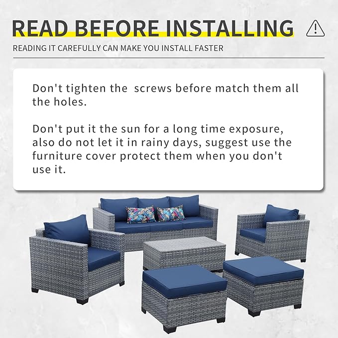 6 Pieces Wicker Patio Furniture Sets Outdoor Conversation Set PE Rattan Sectional Sofa Couch with Storage Table and Royal Blue Cushions