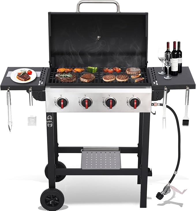 4-Burner Propane Gas Grill, 38250 BTU, BBQ Grills with Cast Iron Grates, Portable Foldable Side Shelves, Outdoor Patio Camping, Black for Outdoor Backyard Patio Barbecue