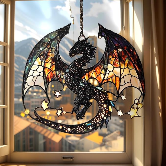 Celestial Dragon Christmas Ornament Mythical Creatures Suncatcher Window Hanging Acrylic Stained Glass Effect Art Garden Decor Unique Fantasy Gift for Mom Nerds Thanksgiving