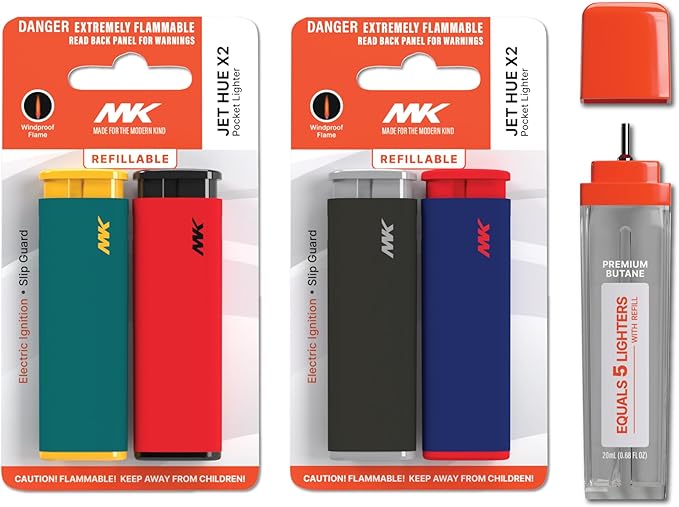 MK Lighter Jet Flame Lighters with Premium Butane, Striking Design, Refillable Lighte, Assorted Colors (Hue-4PC+Butane)