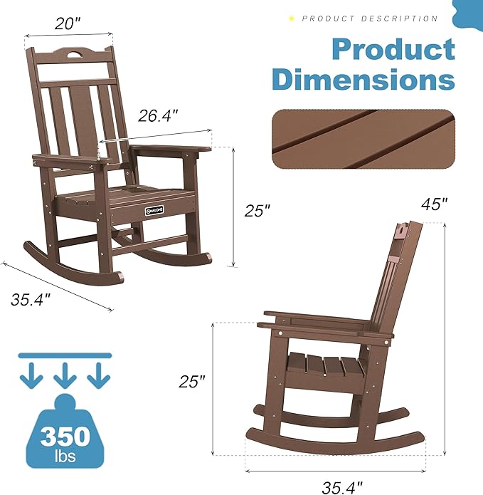 nalone Outdoor Rocking Chair, Oversized Porch Rocker Chair for Adult, All-Weather Resistant Patio Rocking Chair for Garden Lawn (Brown)