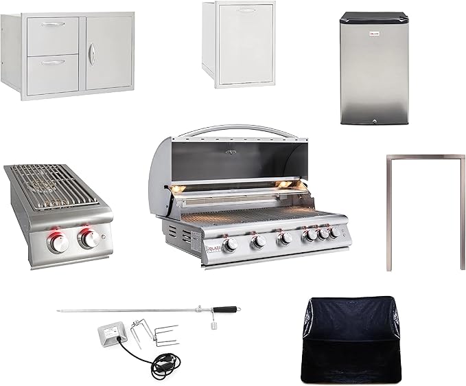 BLAZE BBQ Outdoor Grill Package 6 of 40” LTE Built-in Natural Gas Grill, LTE Built-In Double Side Burner, 32” Door & Two Drawers Combo, Double Trash Drawer, 20” Compact Refrigerator, and Accessories