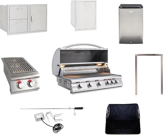BLAZE BBQ Outdoor Grill Package 6 of 40” LTE Built-in Natural Gas Grill, LTE Built-In Double Side Burner, 32” Door & Two Drawers Combo, Double Trash Drawer, 20” Compact Refrigerator, and Accessories