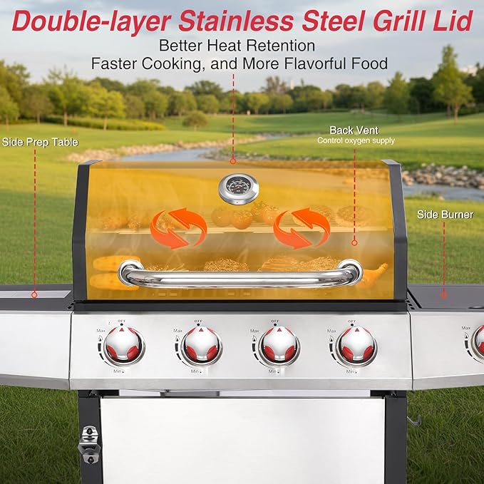 4-Burner Gas Grill with Side Burner, 49,000 BTU, Outdoor BBQ Grill with Cast Iron Grates, Griddle and Charcoal Pan, 3-in-1 Convertible Cooking, Easy-Clean System & Side Shelves
