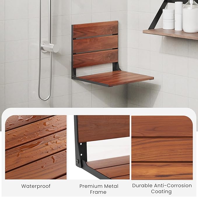 EROMMY Folding Shower Seat, 17.8" Wall Mounted Teak Shower Bench, Foldable Shower Chair for Inside Shower, Home Care Bathroom Safety Shower Chair for Elderly and Disabled, 400 lbs Capacity