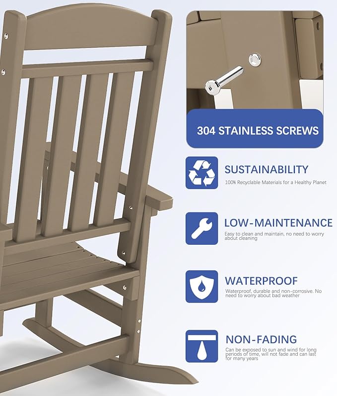 FOOWIN Outdoor Rocking Chair Set of 2, High Back Patio Rocking Chair, HDPE All Weather Resistant Porch Rocker for Adult, Oversized Rocking Chairs for Garden, Lawn, Indoor & Outdoor Use, Brown