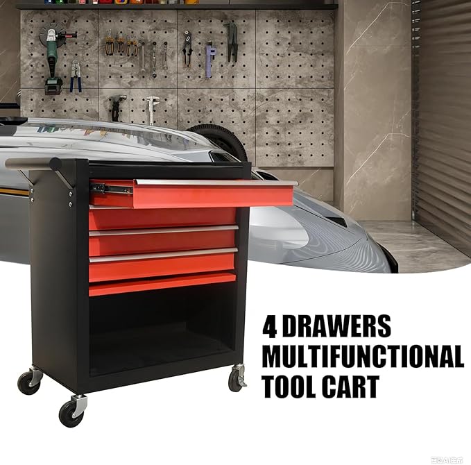 4 Drawers 1 Cabinet Rolling Tool Box on Wheels, Trolley Organizer Tool Cart Tool Chest, Multifunctional Tool Storage Tool Case for Workshop,Garage,Repair Shop(4 Drawers-29.5"H-Black&Red)