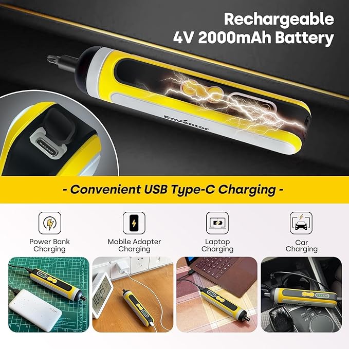 Enventor Cordless Screwdriver Set, 4V 6N.m Electric Screwdriver 2000mAh with USB Type-C Rechargeable, 3 Torque Settings, LED Work Light, Magnetic Bits Set, Bit extension Holder, Flexible shaft