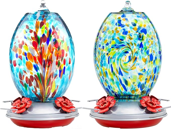 Muse Garden Gifts for Women Glass Hummingbird Feeder for Outdoors Hanging, Mother‘s Day Christmas Valentine Hummingbird Gifts for Women Mom, Ant Moat Included, 2 Pack, Fireworks and Starry