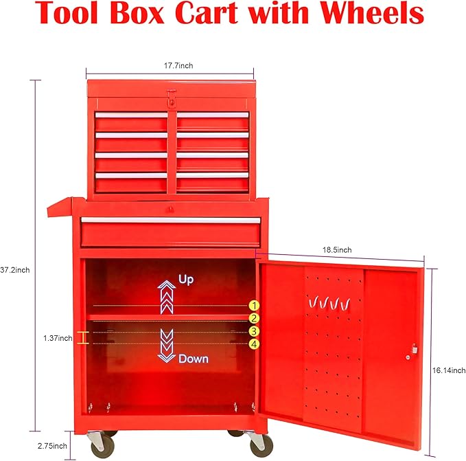 5 Drawer Rolling Tool Chest,Tool Storage Cabinet & Tool Box Cart with Wheels, Big Tools Removable Tool Box Combo,Tools Storage Boxs,Tools Case for Garage Warehouse Workshop (Red)