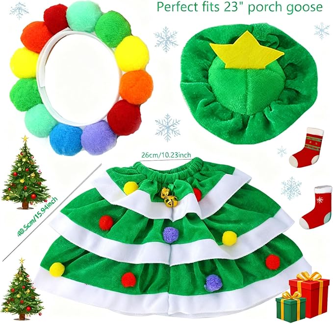 Christmas Porch Goose Outfits - 3Pcs Lawn Goose Goose Costume Small Green Hat, Rainbow Collar and Christmas Tree Skirt for 23 Inch Goose Statues, Holiday Outdoor Garden Porch Yard Lawn Patio Decor