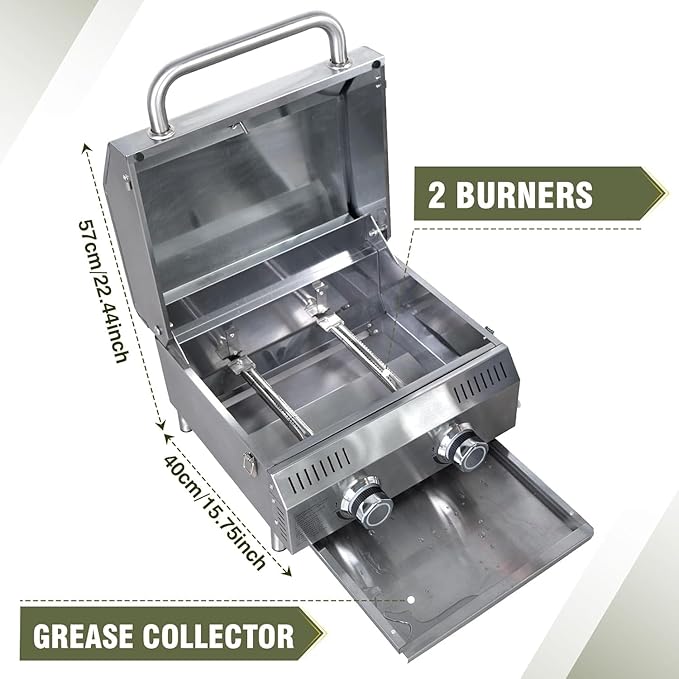 All-in-One Outdoor Grill Table with Built-in 2-Burner Propane Gas Grill – Portable Stainless Steel Cooking Station with Storage, Hooks & Lockable Wheels for Camping, Tailgating, Backyard BBQ
