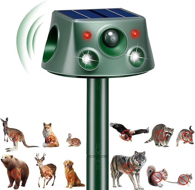 Solar Ultrasonic Animal Repellent, Deer Repellent Devices with Motion Detection & 4 Mode, Cat Repellent Outdoor Squirrel Skunk Rabbit Raccoon Dog Mouse Deterrents Repeller for Yard Patio Waterproof