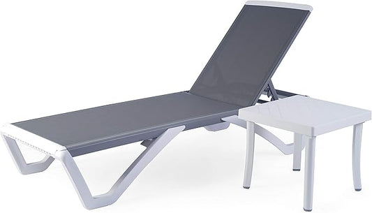 Kozyard Patio Chaise Lounge Chair - Full Flat Alumium & Resin Legs, Outdoor Reclining Adjustable Chair for Sunbathing, Patio,Beach, Lounge with Table (Gray Textilene with Table)