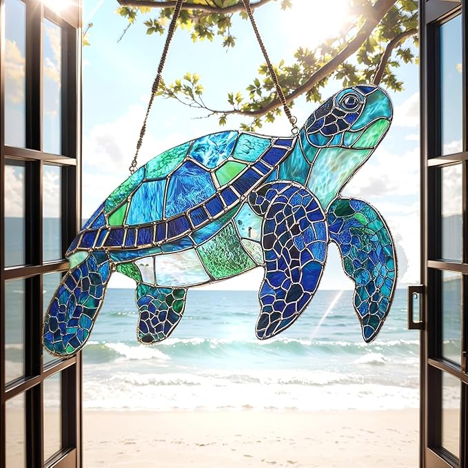 Sea Turtle Lovers Christmas Ornament Ocean Creatures Suncatcher Window Hanging Acrylic Stained Glass Effect Art Boho Garden Decor Unique Coastal Gift for Mom Thanksgiving