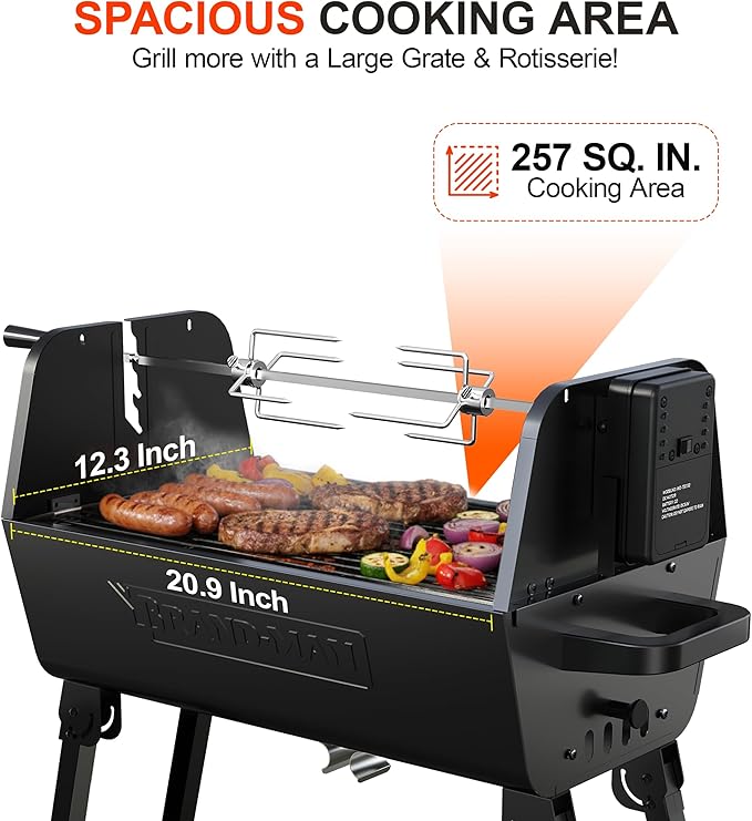 Brand‑Man 2‑in‑1 Charcoal BBQ Grill with Motorized Rotisserie – Portable, Foldable Grill, 257 sq in Outdoor BBQ Grill for Camping & Tailgate, Adjustable Height, Dual Vents