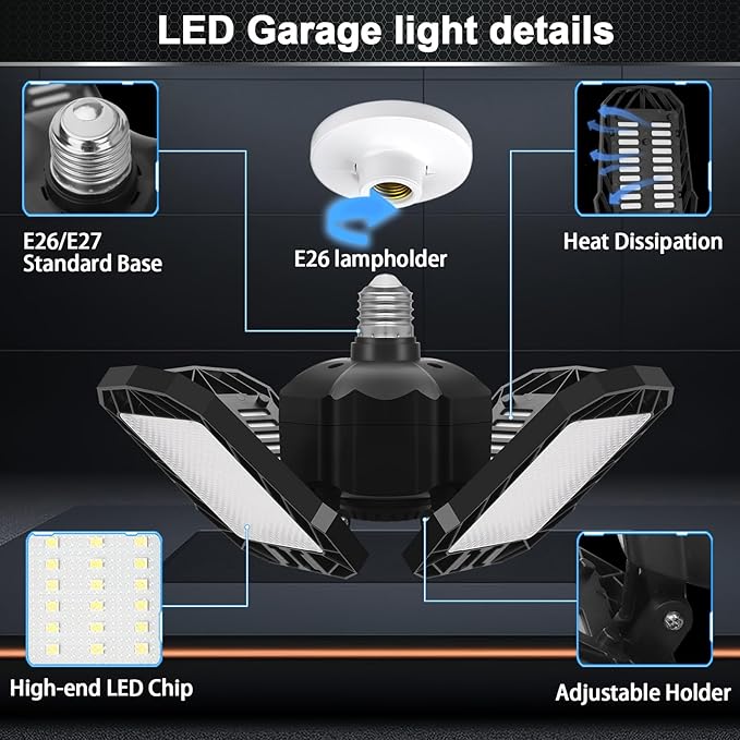 2 Pack LED Garage Light, 150W 15000LM 6500K LED Shop Lights, Garage Lights Ceiling Led with 4 Deformable Panels, Screw in E26/E27 Bulb Socket for Warehouse, Basement, Attic, Barn, High Bay Lighting