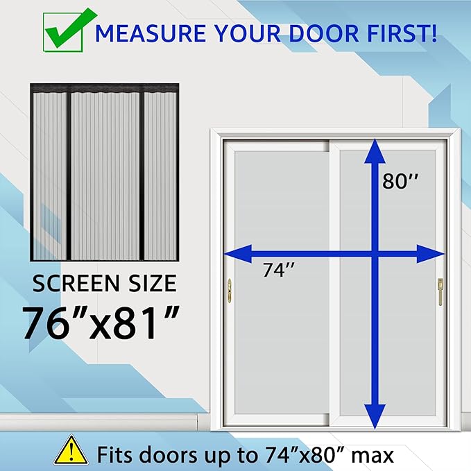 TheFitLife Double Door Magnetic Screen - Mesh Curtain with Full Frame Hook & Loop Powerful Magnets, Snap Shut Automatically for Patio, Sliding Or Large Door (Fits Doors up to 74''x80'')