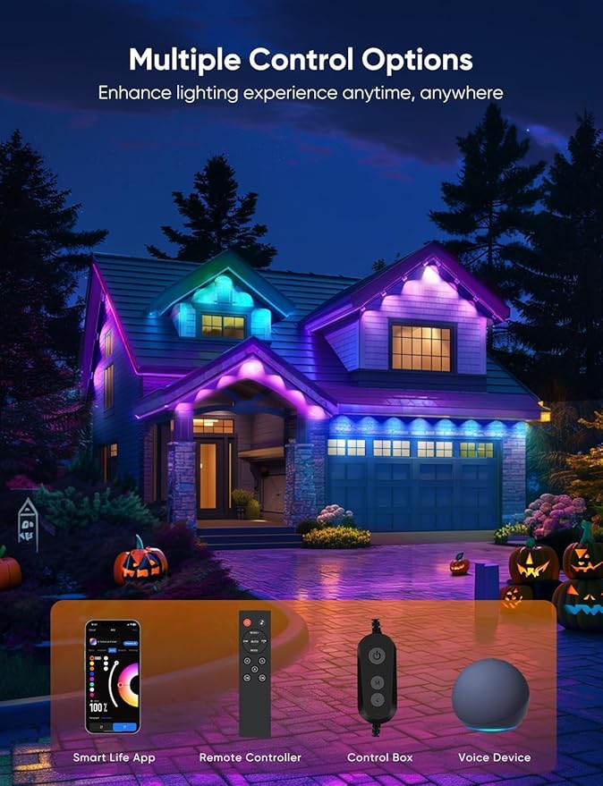 APPECK Permanent Outdoor Lights Pro 150ft, 108W RGBCW Eaves Light with 108 LED Lights, 80lm, Cuttable, 111 Scene Modes, IP67 Waterproof Lighting for Halloween Decoration, Compatible with Alexa, Black
