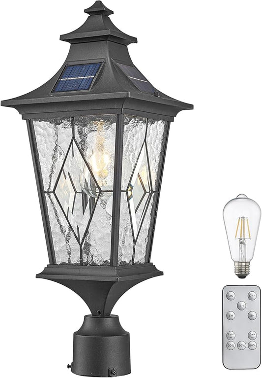 Solar Lamp Post Light Aluminum 20.7 Inch Height Large Size Solar Pole Lights with Water Ripple Handmade Solder Glass Waterproof Black Finish Include Remote Control and LED Bulb
