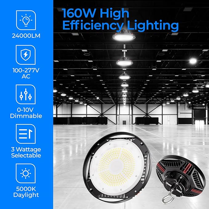 CINOTON UFO LED High Bay Light, 160W/120W/80W Switchable, AC100-277V LED Shop Lights with US Plug, 24000LM Dimmable 0-10V Commercial Bay Lighting for Garage Workshop 5000K Daylight-UL Listed, 4 Pack